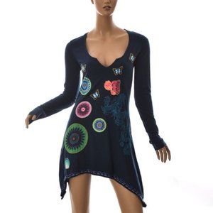 Desigual Radayme Long Sleeve Butterfly Dragon Embellished Tunic Top Size Medium?